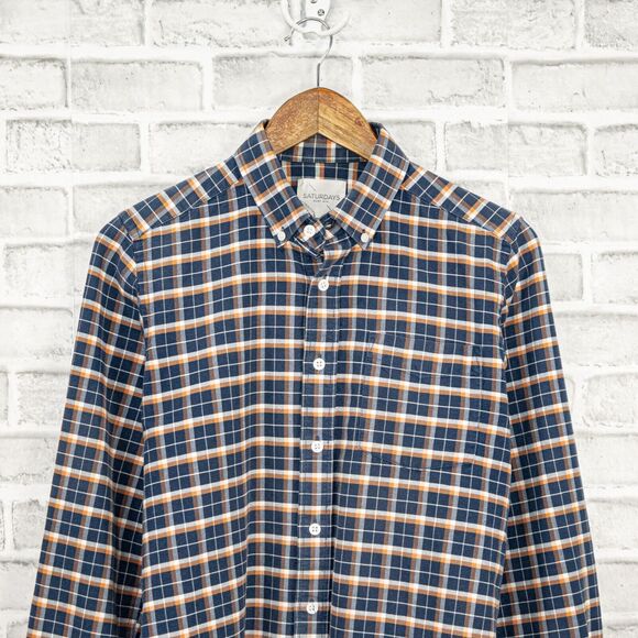 SATURDAYS Surf NYC Button Down Shirt Blue Orange Plaid Cotton Small - Picture 2 of 6